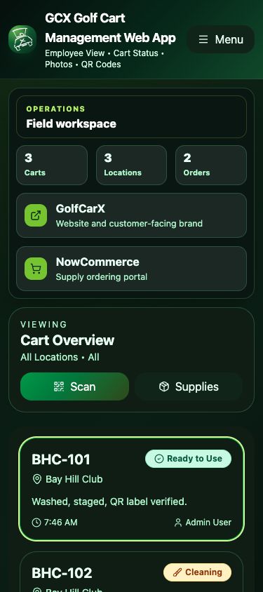 GCX employee mobile view showing cart overview, scan action, supply action, and cart status cards